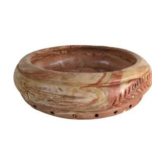 Comanche Pottery Texas Swirl Clay 8" Bowl Handmade Carved Feathers Signed